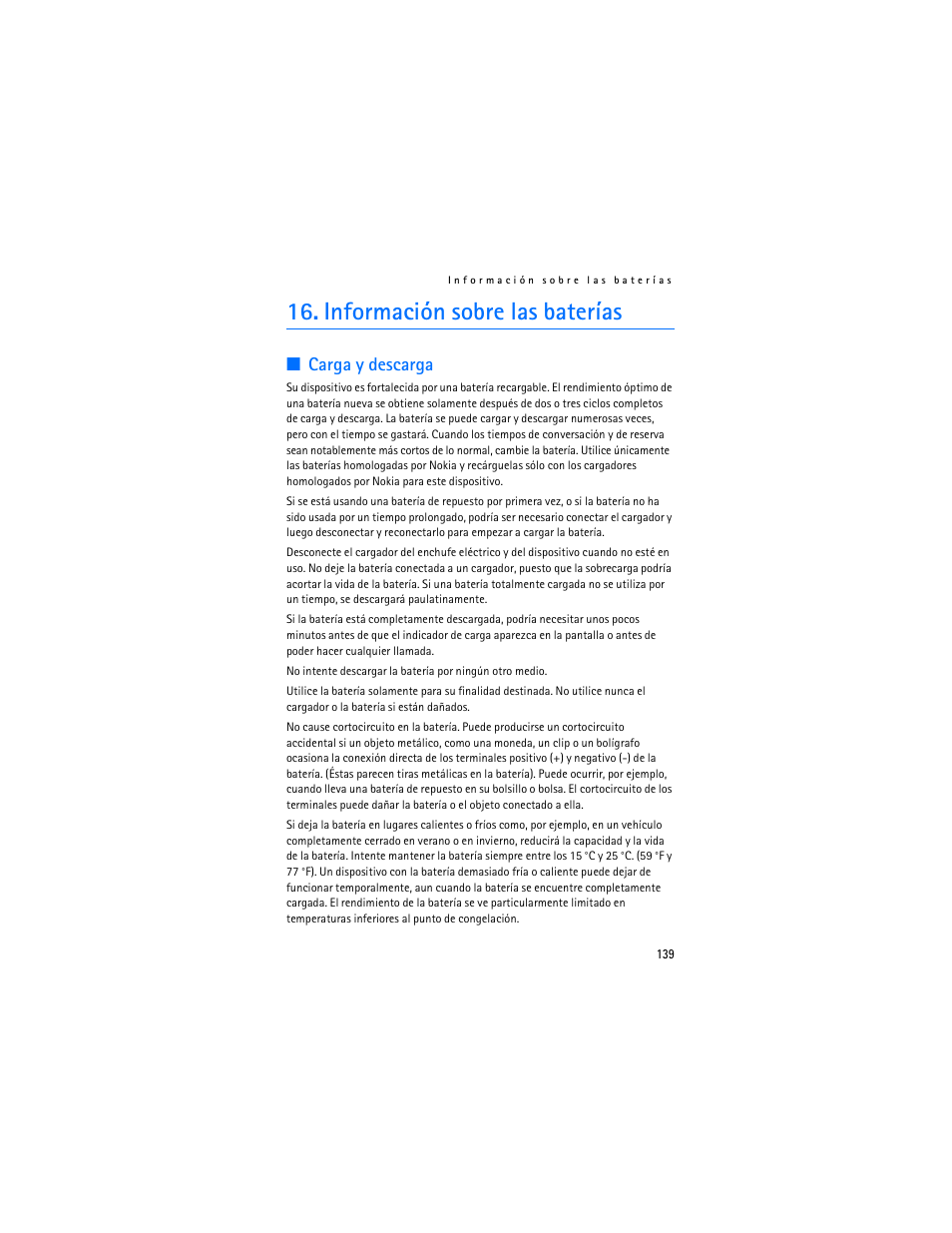 Información sobre las baterías, Carga y descarga | Nokia 2126 User Manual | Page 140 / 153