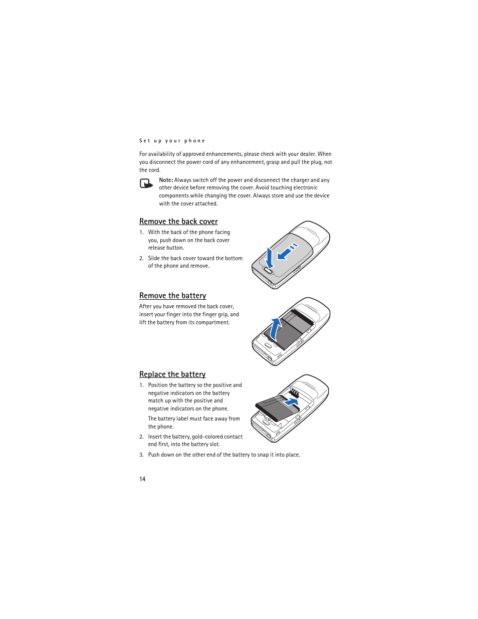 Remove the back cover, Remove the battery, Replace the battery | Nokia 2126 User Manual | Page 15 / 153