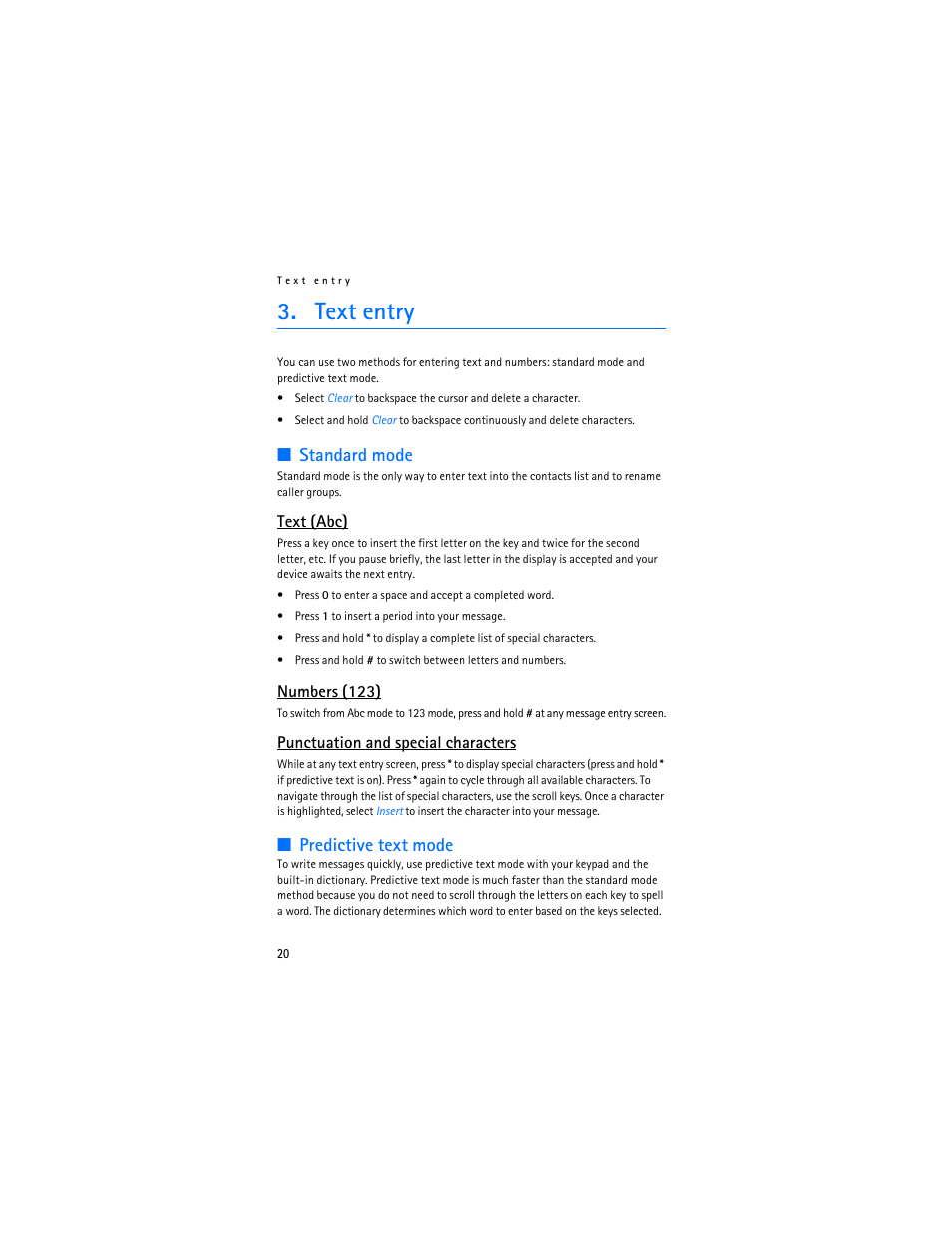 Text entry, Standard mode, Predictive text mode | Text (abc), Numbers (123), Punctuation and special characters | Nokia 2126 User Manual | Page 21 / 153