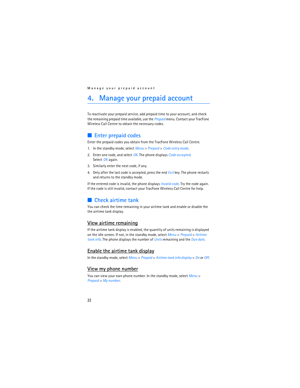Manage your prepaid account, Enter prepaid codes, Check airtime tank | View airtime remaining, Enable the airtime tank display, View my phone number | Nokia 2126 User Manual | Page 23 / 153
