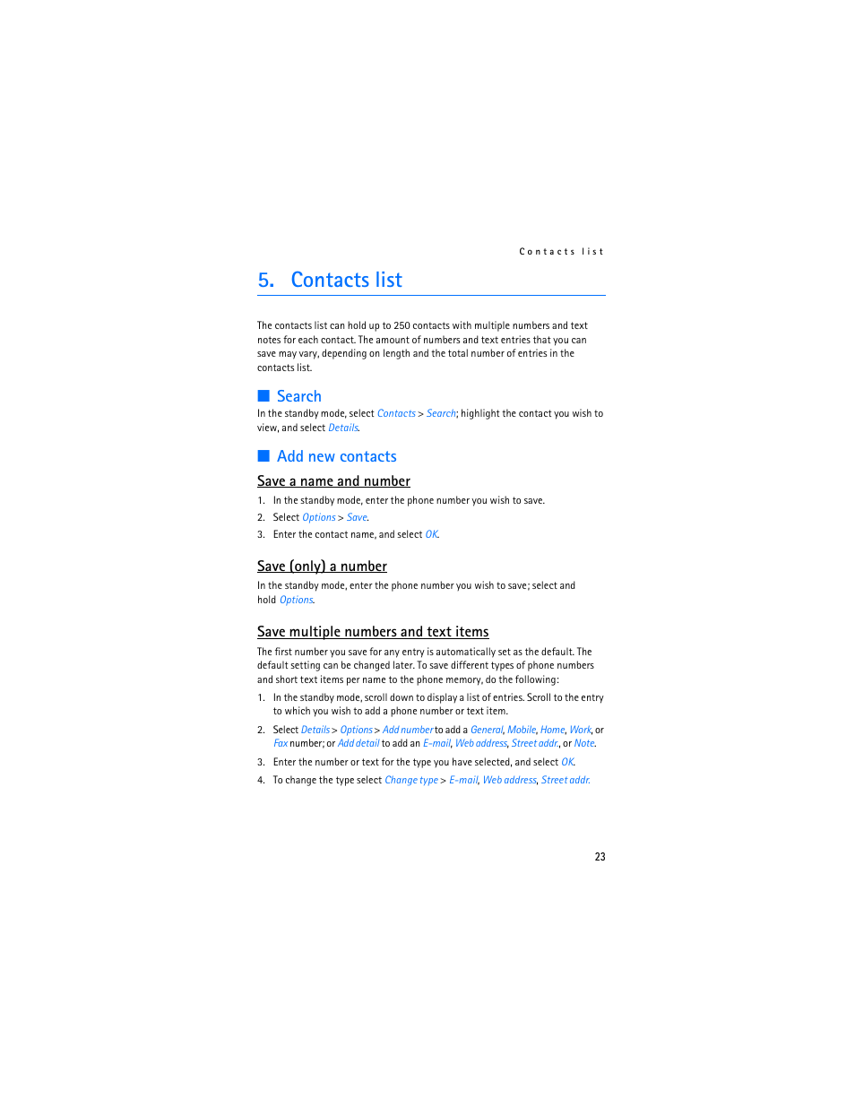Contacts list, Search, Add new contacts | Save a name and number, Save (only) a number, Save multiple numbers and text items | Nokia 2126 User Manual | Page 24 / 153
