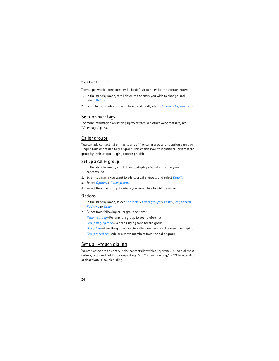 Set up voice tags, Caller groups, Set up 1-touch dialing | Nokia 2126 User Manual | Page 25 / 153