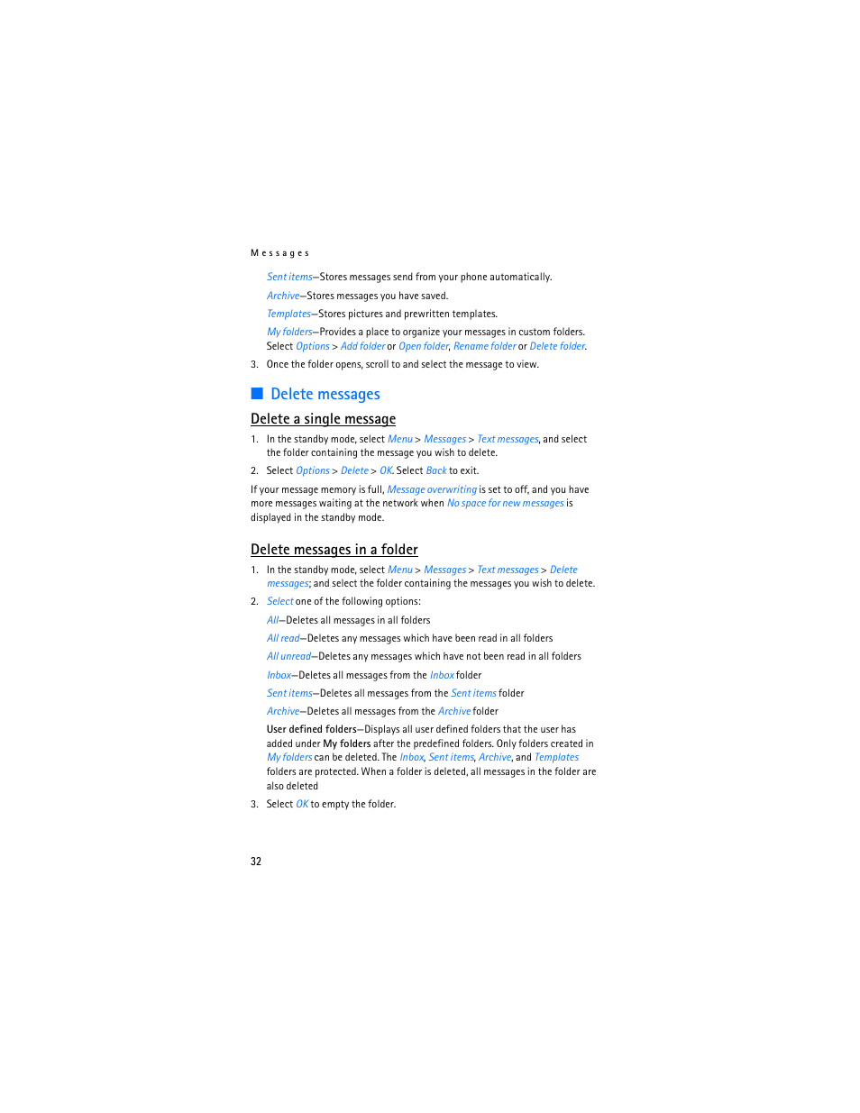 Delete messages, Delete a single message, Delete messages in a folder | Nokia 2126 User Manual | Page 33 / 153