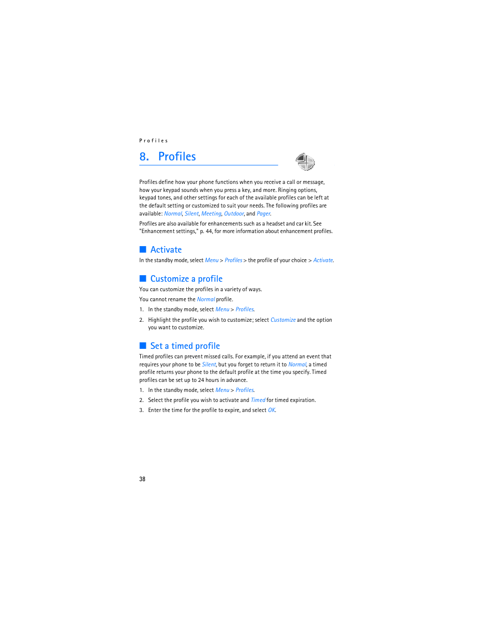Profiles, Activate, Customize a profile | Set a timed profile | Nokia 2126 User Manual | Page 39 / 153