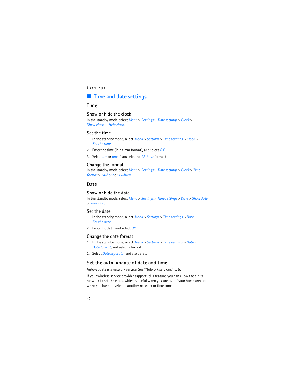 Time and date settings, Time, Date | Set the auto-update of date and time | Nokia 2126 User Manual | Page 43 / 153