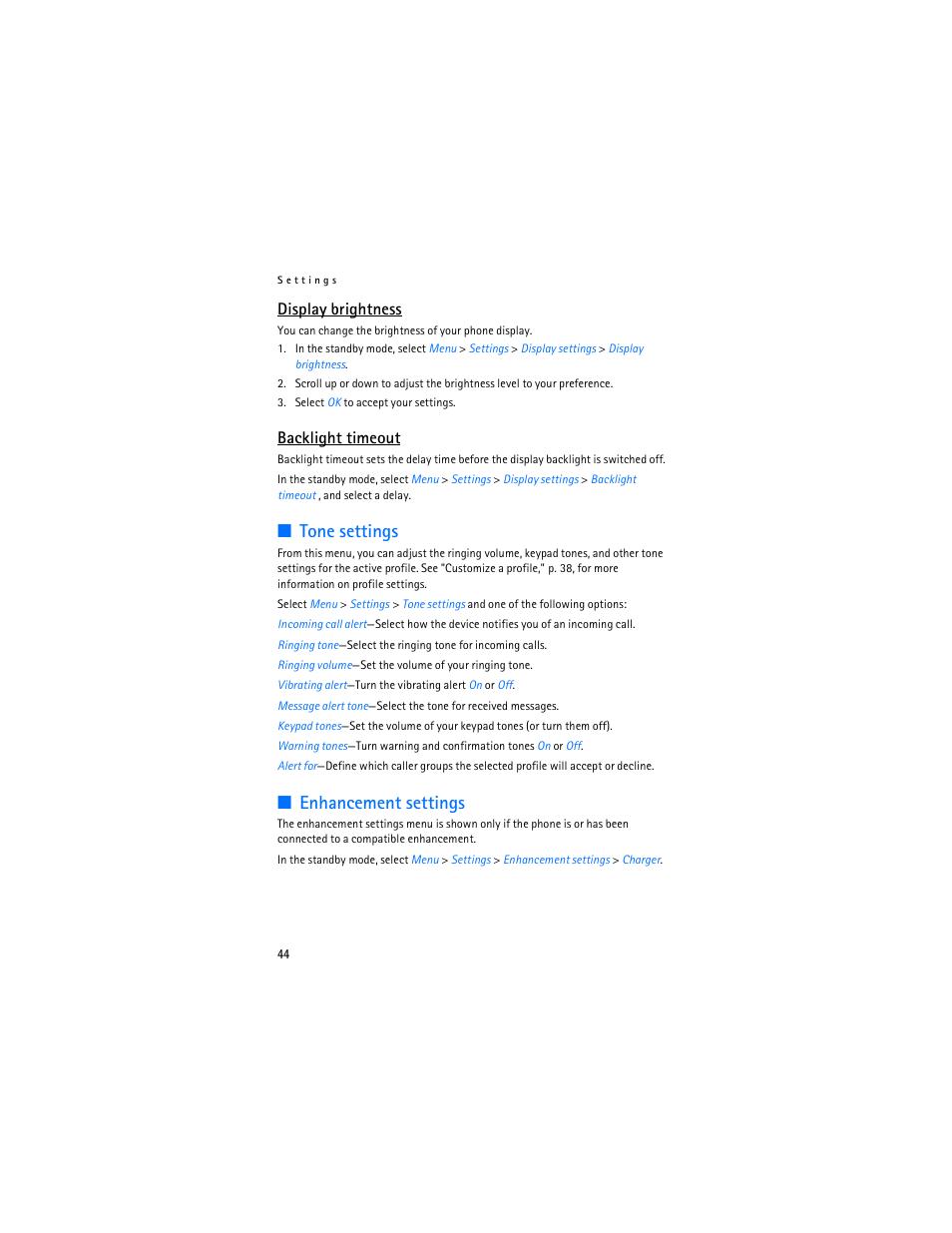 Tone settings, Enhancement settings, Display brightness | Backlight timeout | Nokia 2126 User Manual | Page 45 / 153