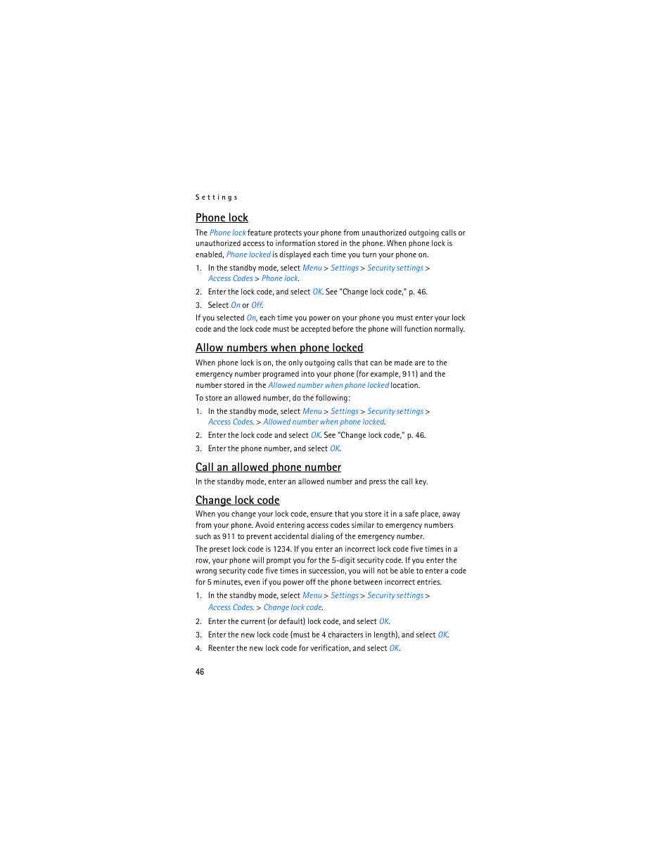 Change lock code, Phone lock, Allow numbers when phone locked | Call an allowed phone number | Nokia 2126 User Manual | Page 47 / 153
