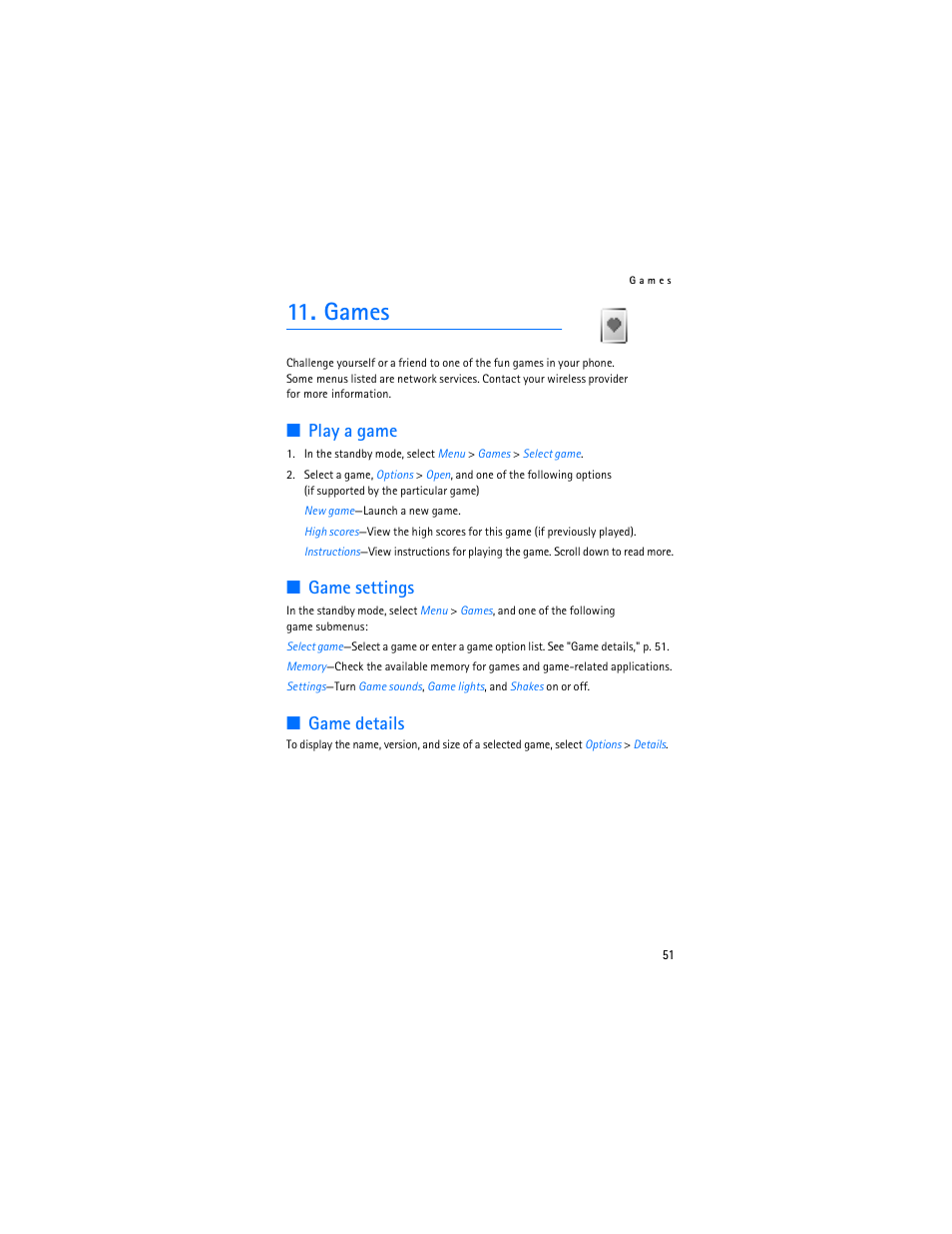 Games, Play a game, Game settings | Game details | Nokia 2126 User Manual | Page 52 / 153