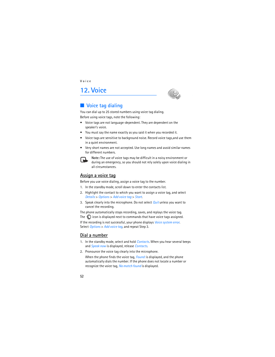 Voice, Voice tag dialing, Assign a voice tag | Dial a number | Nokia 2126 User Manual | Page 53 / 153