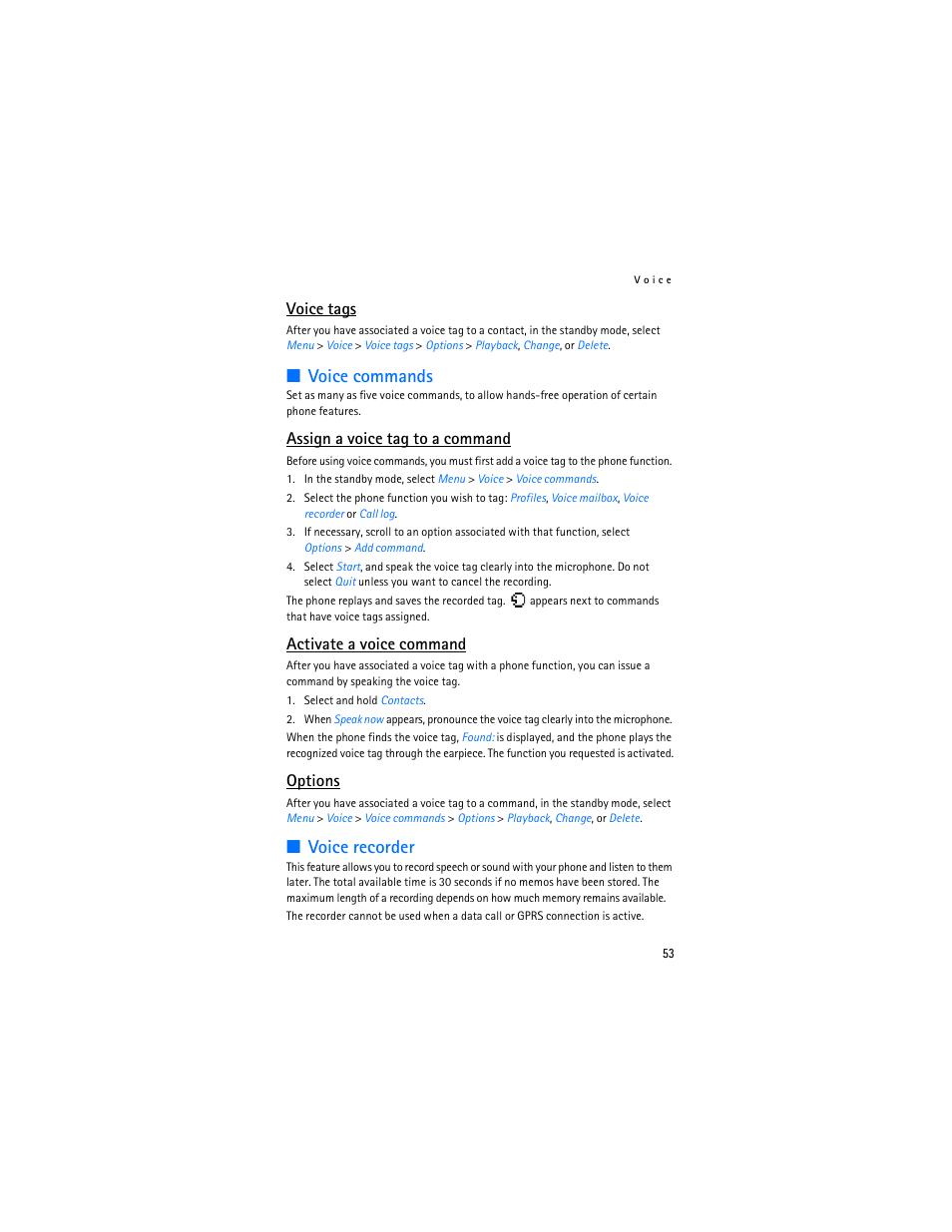 Voice tags, Voice commands, Voice recorder | Assign a voice tag to a command, Activate a voice command, Options | Nokia 2126 User Manual | Page 54 / 153