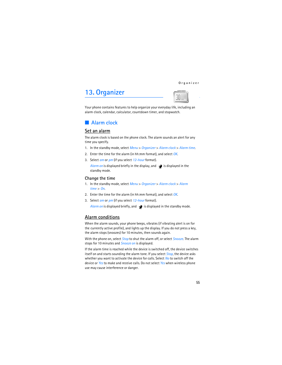 Organizer, Alarm clock, Set an alarm | Alarm conditions | Nokia 2126 User Manual | Page 56 / 153