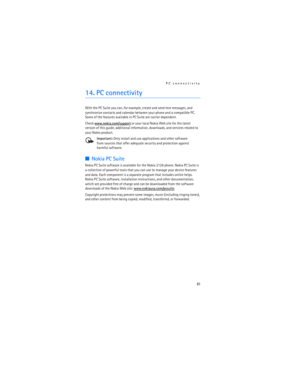 Pc connectivity, Nokia pc suite | Nokia 2126 User Manual | Page 62 / 153