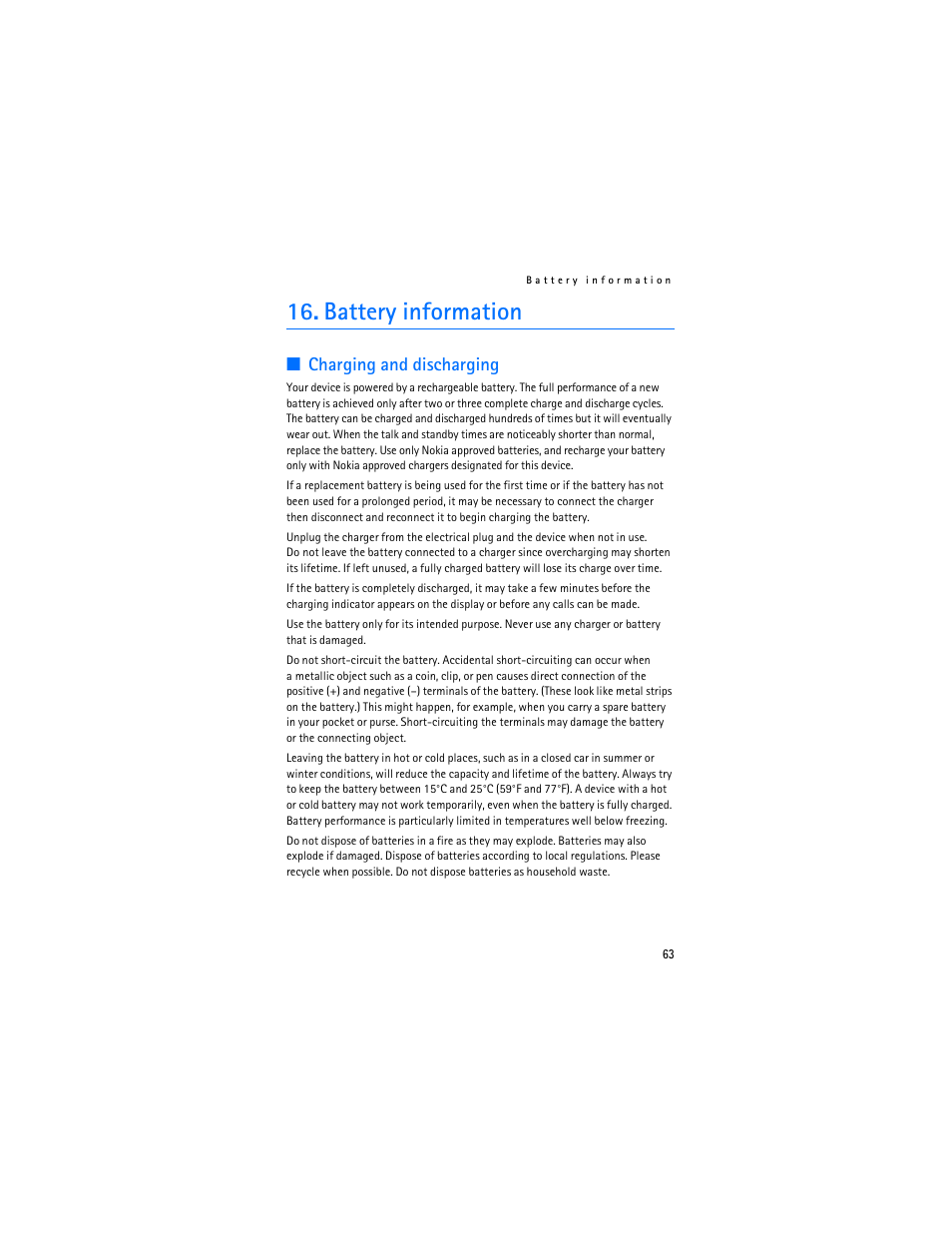 Battery information, Charging and discharging | Nokia 2126 User Manual | Page 64 / 153