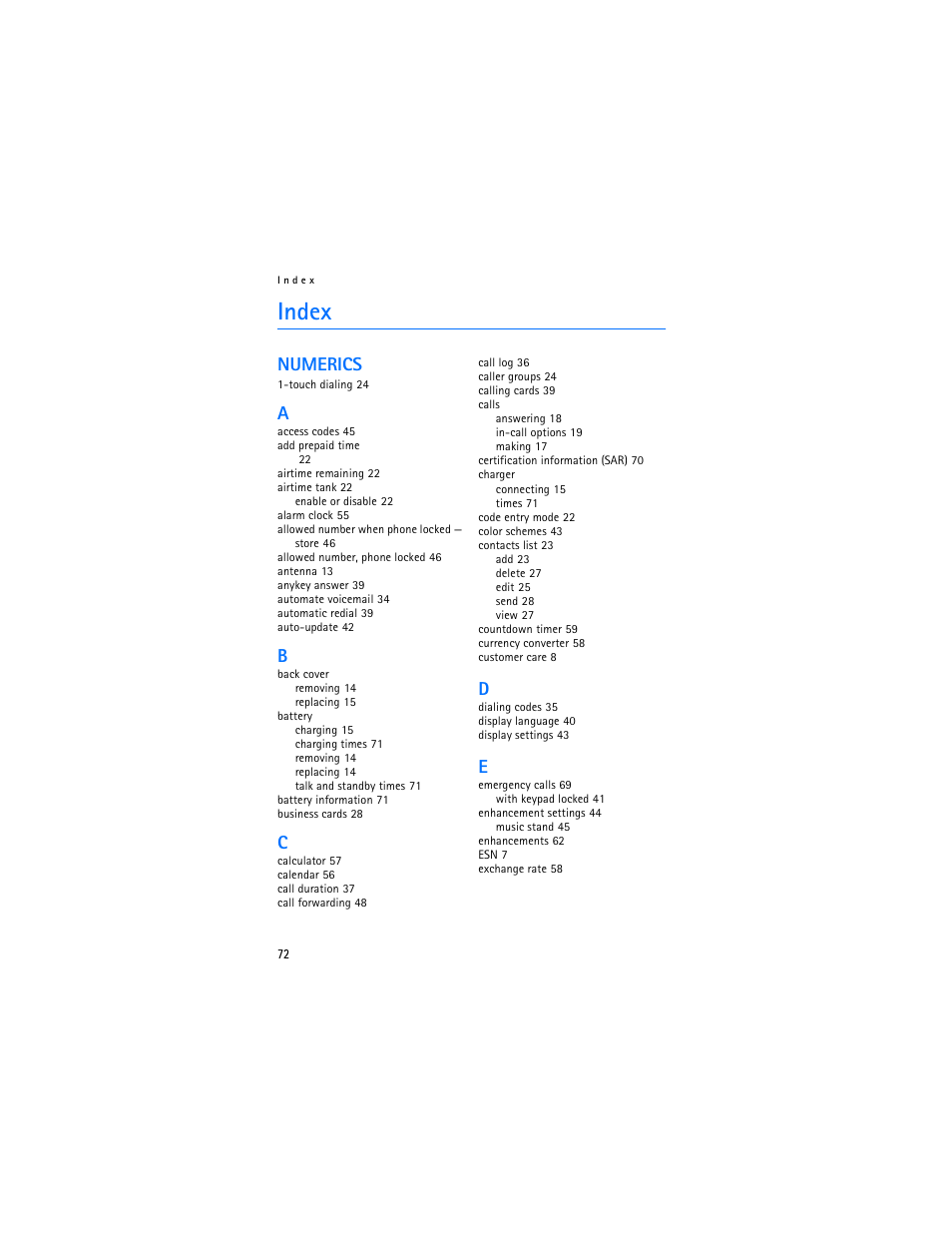 Index, Numerics | Nokia 2126 User Manual | Page 73 / 153