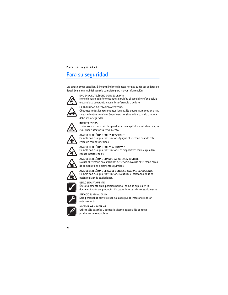 Para su seguridad, Ara su seguridad | Nokia 2126 User Manual | Page 79 / 153