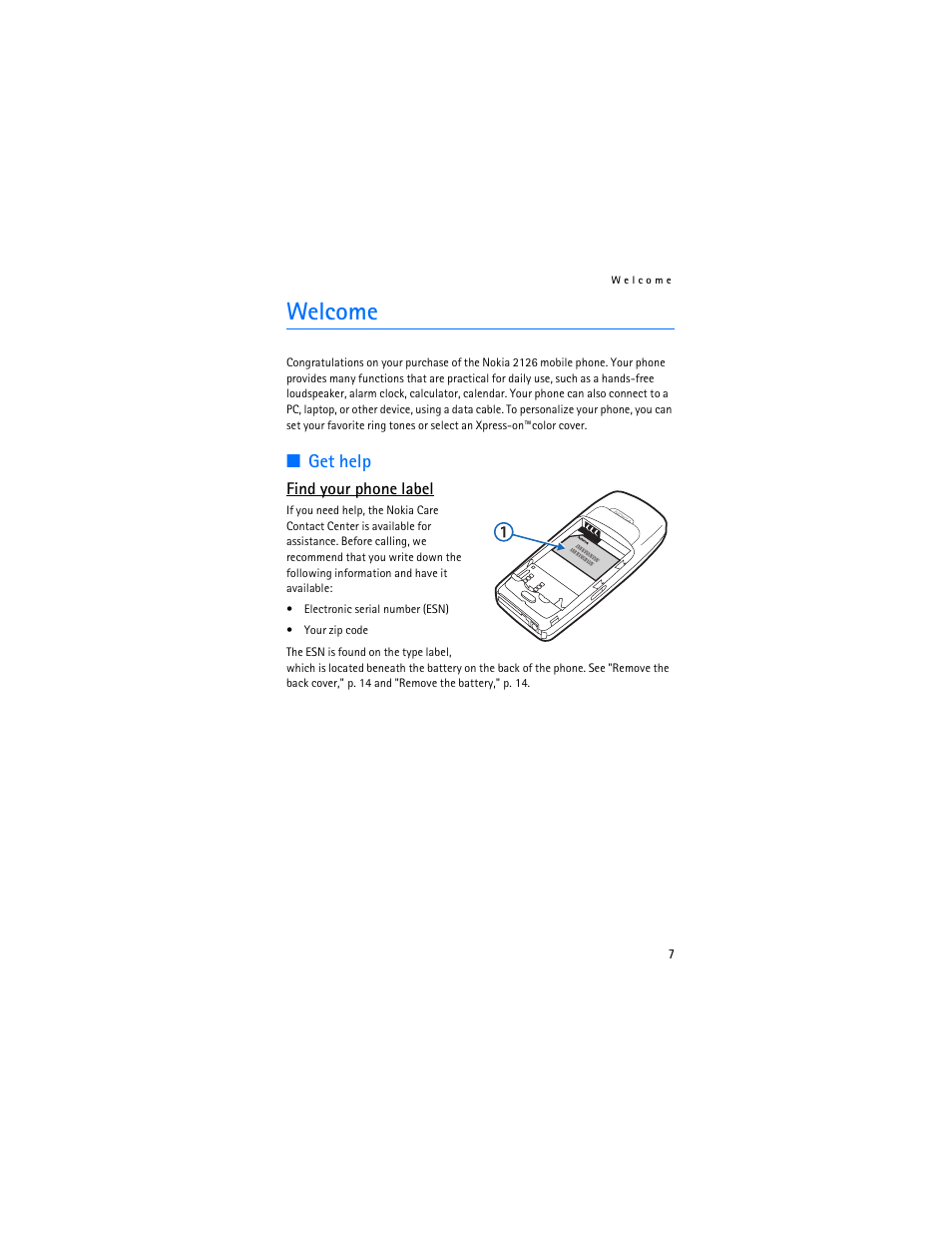 Welcome, Get help | Nokia 2126 User Manual | Page 8 / 153