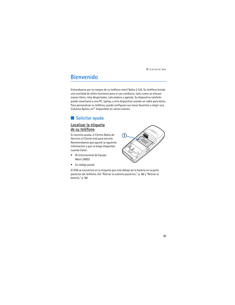 Bienvenido, Solicitar ayuda | Nokia 2126 User Manual | Page 82 / 153