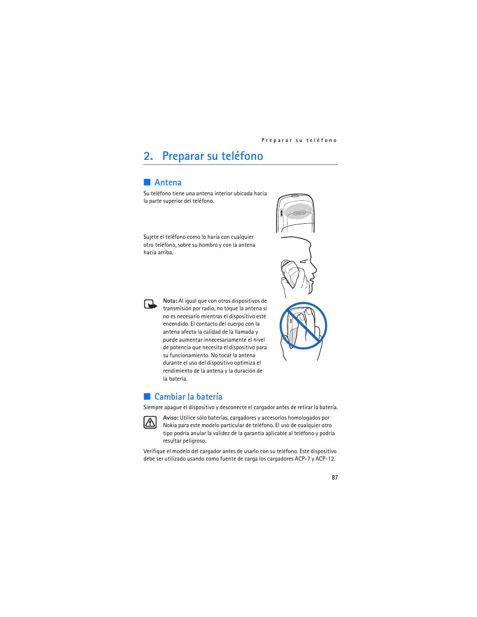 Preparar su teléfono, Antena, Cambiar la batería | Nokia 2126 User Manual | Page 88 / 153