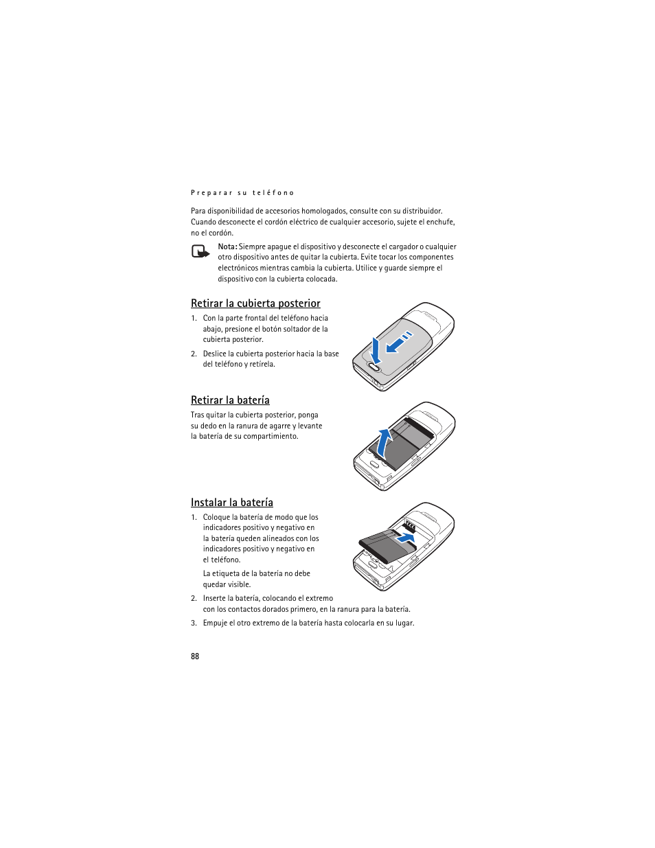 Retirar la cubierta posterior, Retirar la batería, Instalar la batería | Nokia 2126 User Manual | Page 89 / 153