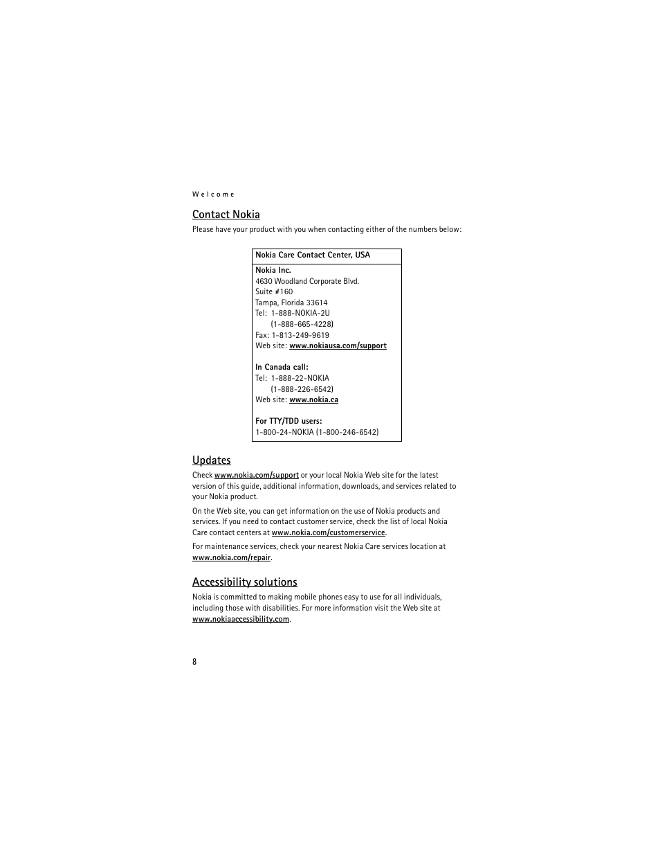Contact nokia, Updates, Accessibility solutions | Nokia 2126 User Manual | Page 9 / 153