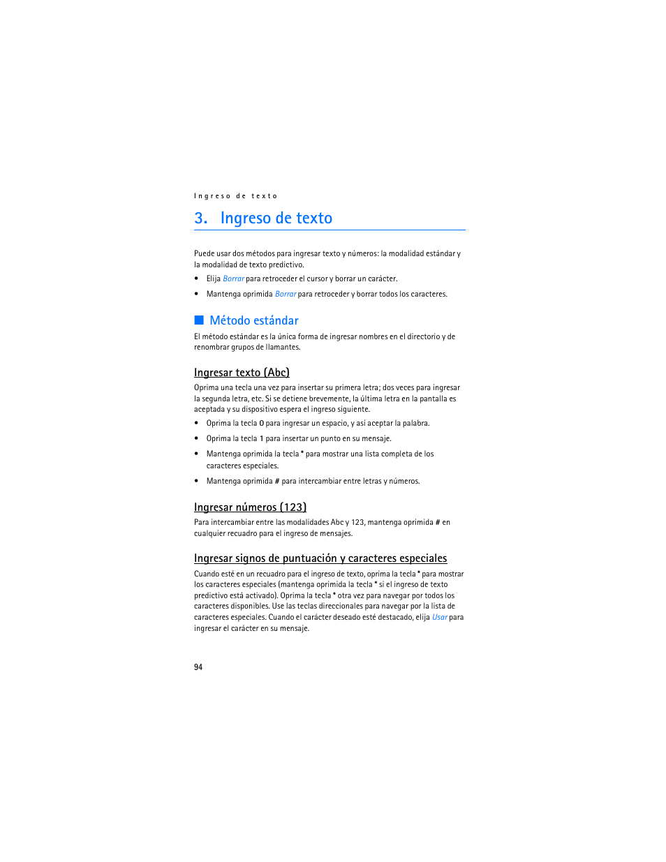 Ingreso de texto, Método estándar, Ingresar texto (abc) | Ingresar números (123) | Nokia 2126 User Manual | Page 95 / 153