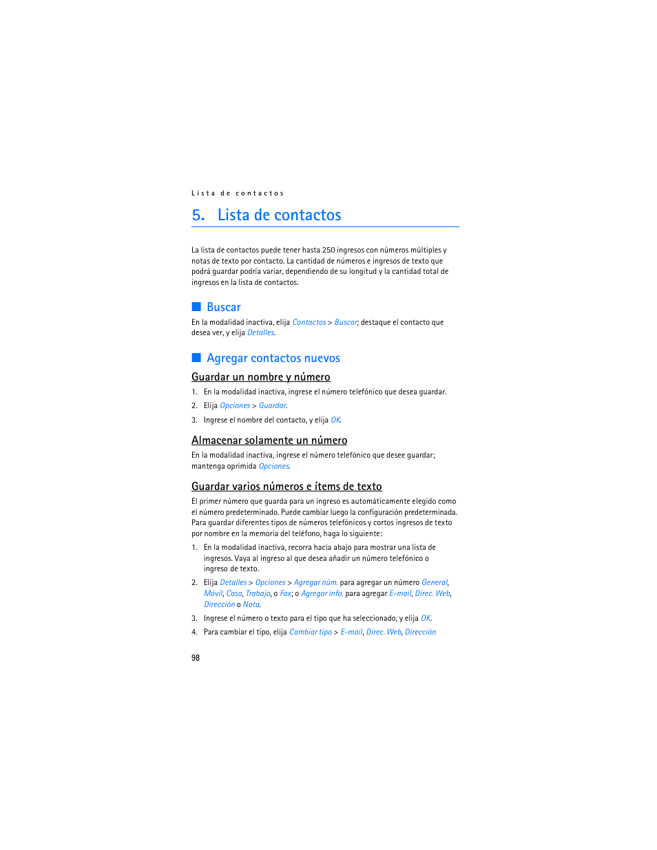 Lista de contactos, Buscar, Agregar contactos nuevos | Guardar un nombre y número, Almacenar solamente un número, Guardar varios números e ítems de texto | Nokia 2126 User Manual | Page 99 / 153