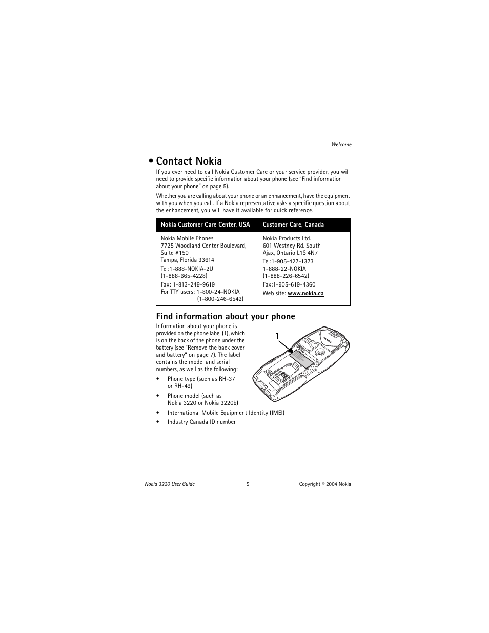 Contact nokia, Find information about your phone | Nokia 3220 User Manual | Page 12 / 81