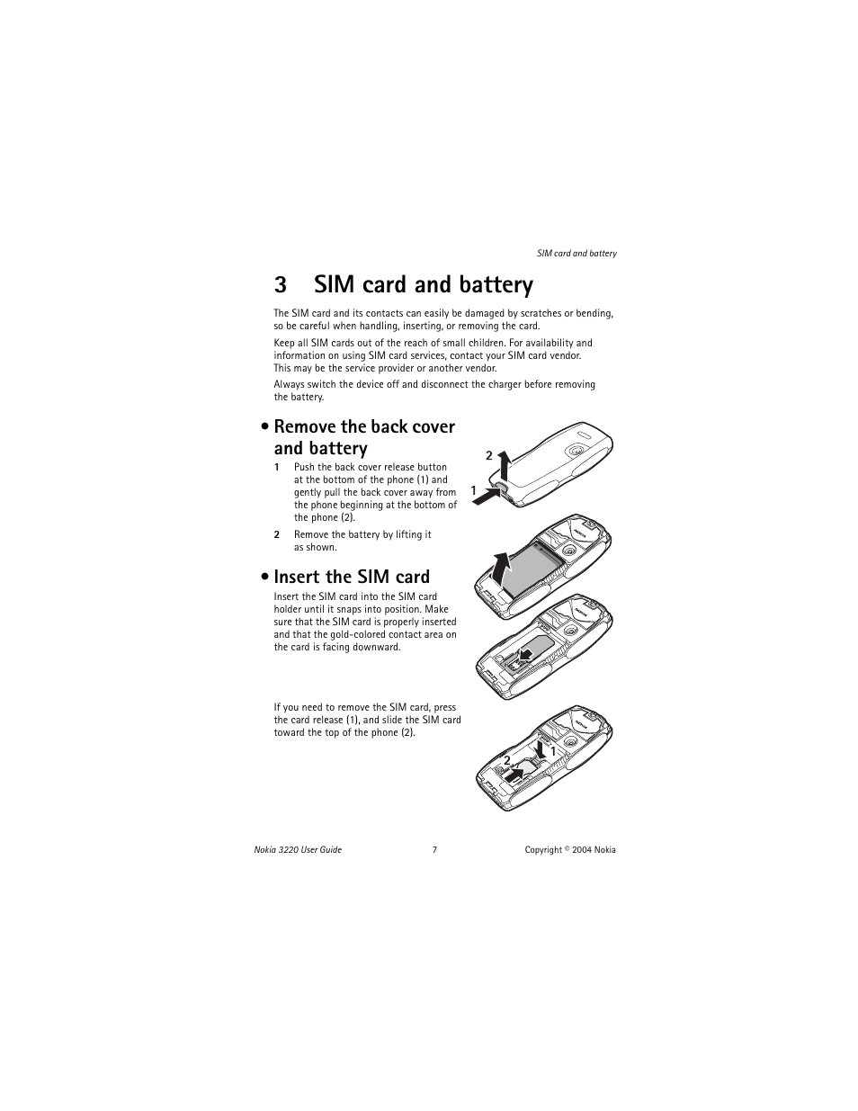 3 sim card and battery, Remove the back cover and battery, Insert the sim card | 3sim card and battery | Nokia 3220 User Manual | Page 14 / 81