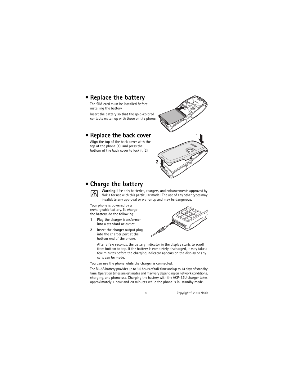 Replace the battery, Replace the back cover, Charge the battery | Nokia 3220 User Manual | Page 15 / 81