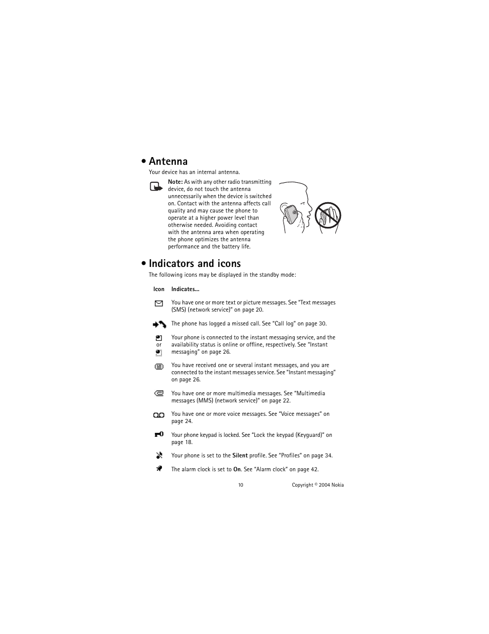 Antenna, Indicators and icons, Antenna indicators and icons | Nokia 3220 User Manual | Page 17 / 81