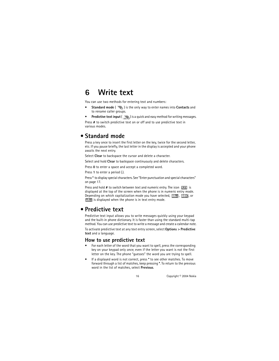 6 write text, Standard mode, Predictive text | Write text standard mode predictive text, 6write text, How to use predictive text | Nokia 3220 User Manual | Page 23 / 81