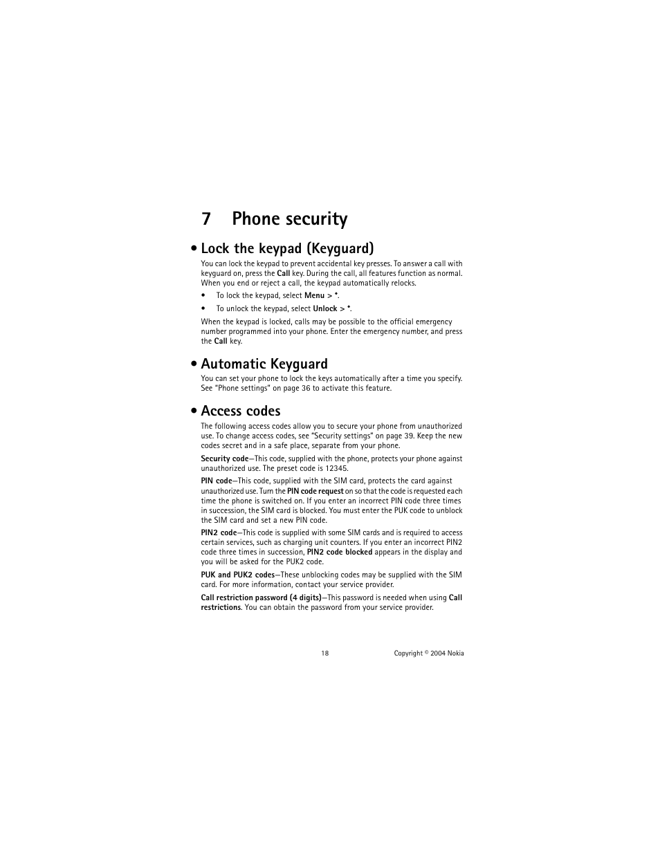 7 phone security, Lock the keypad (keyguard), Automatic keyguard | Access codes, 7phone security | Nokia 3220 User Manual | Page 25 / 81