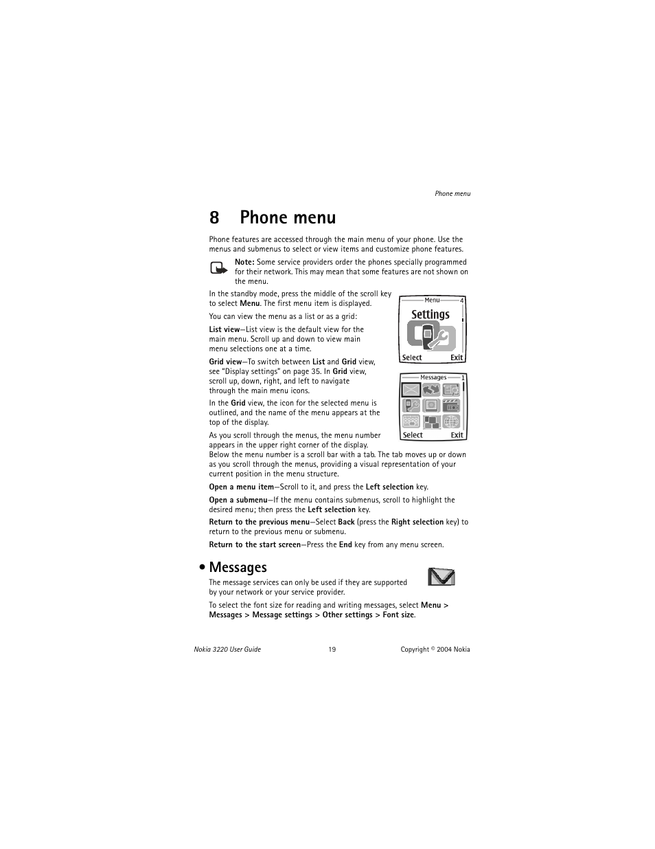 8 phone menu, Messages, Phone menu messages | 8phone menu | Nokia 3220 User Manual | Page 26 / 81