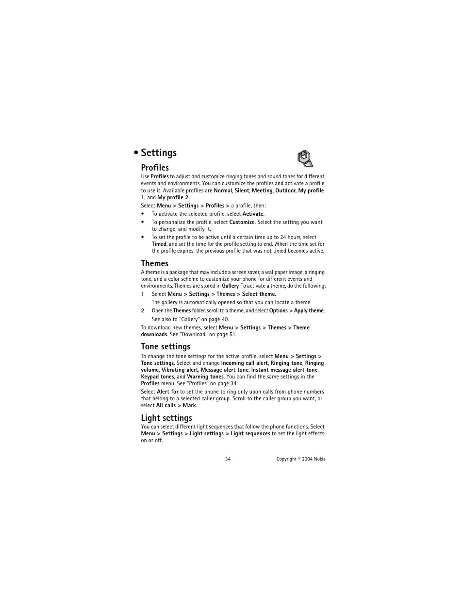 Settings, Profiles, Themes | Tone settings, Light settings | Nokia 3220 User Manual | Page 41 / 81