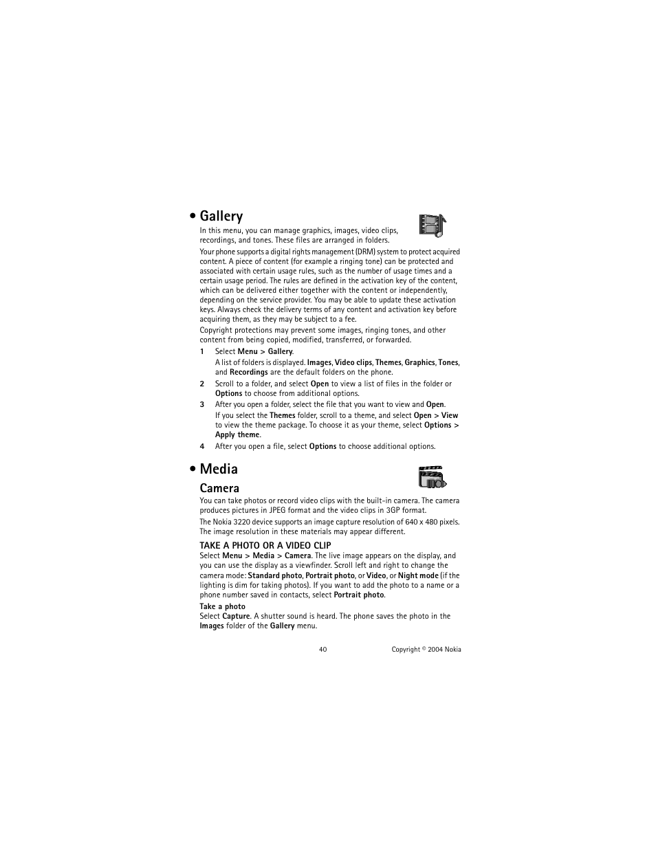 Gallery, Media, Gallery media | Camera | Nokia 3220 User Manual | Page 47 / 81