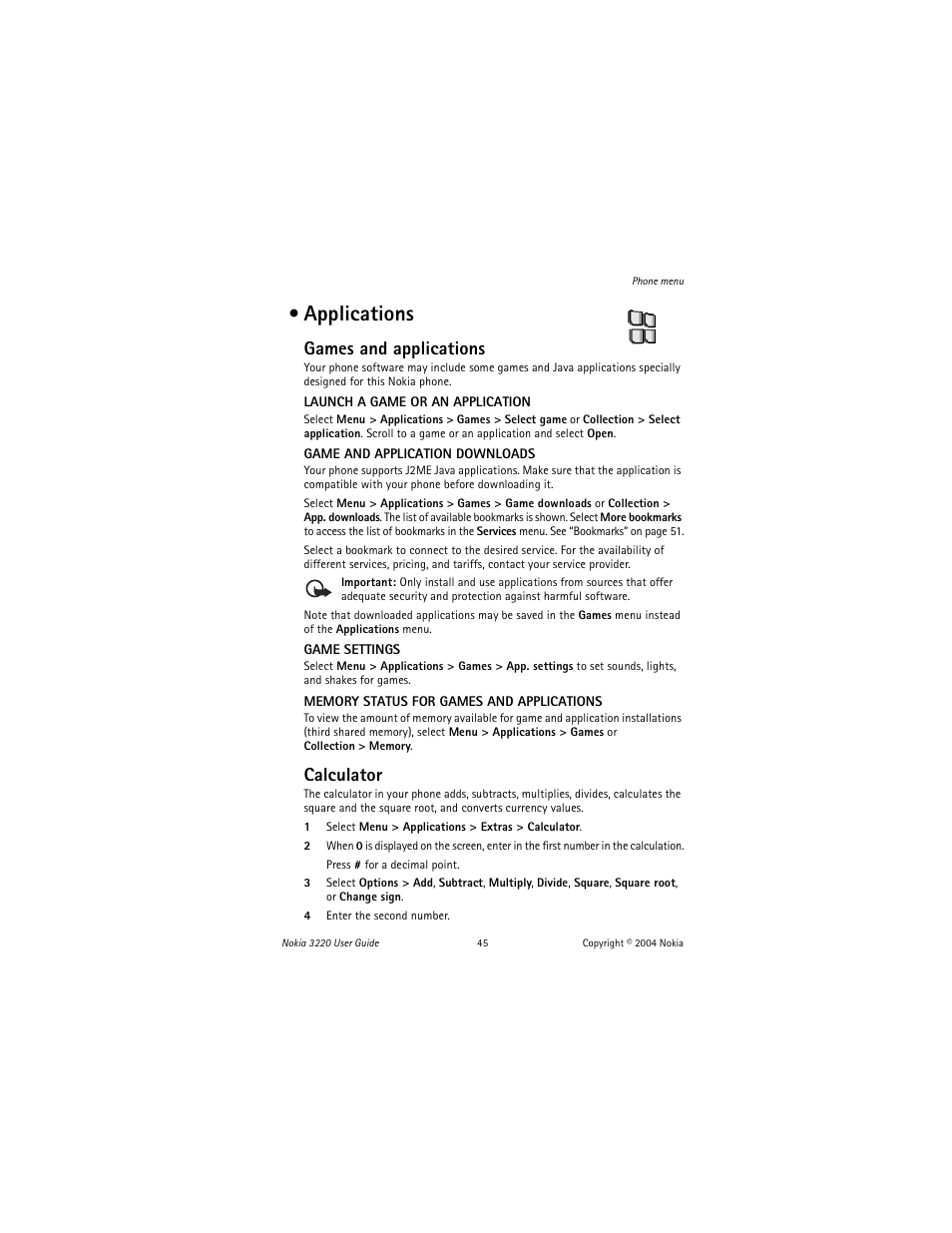 Applications, Games and applications, Calculator | Nokia 3220 User Manual | Page 52 / 81