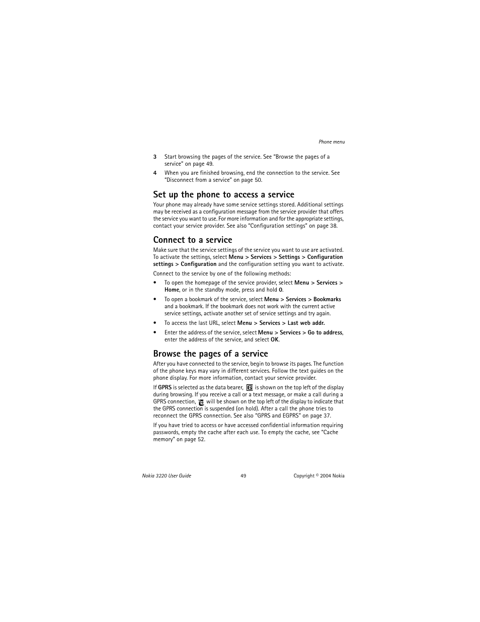 Set up the phone to access a service, Connect to a service, Browse the pages of a service | Nokia 3220 User Manual | Page 56 / 81