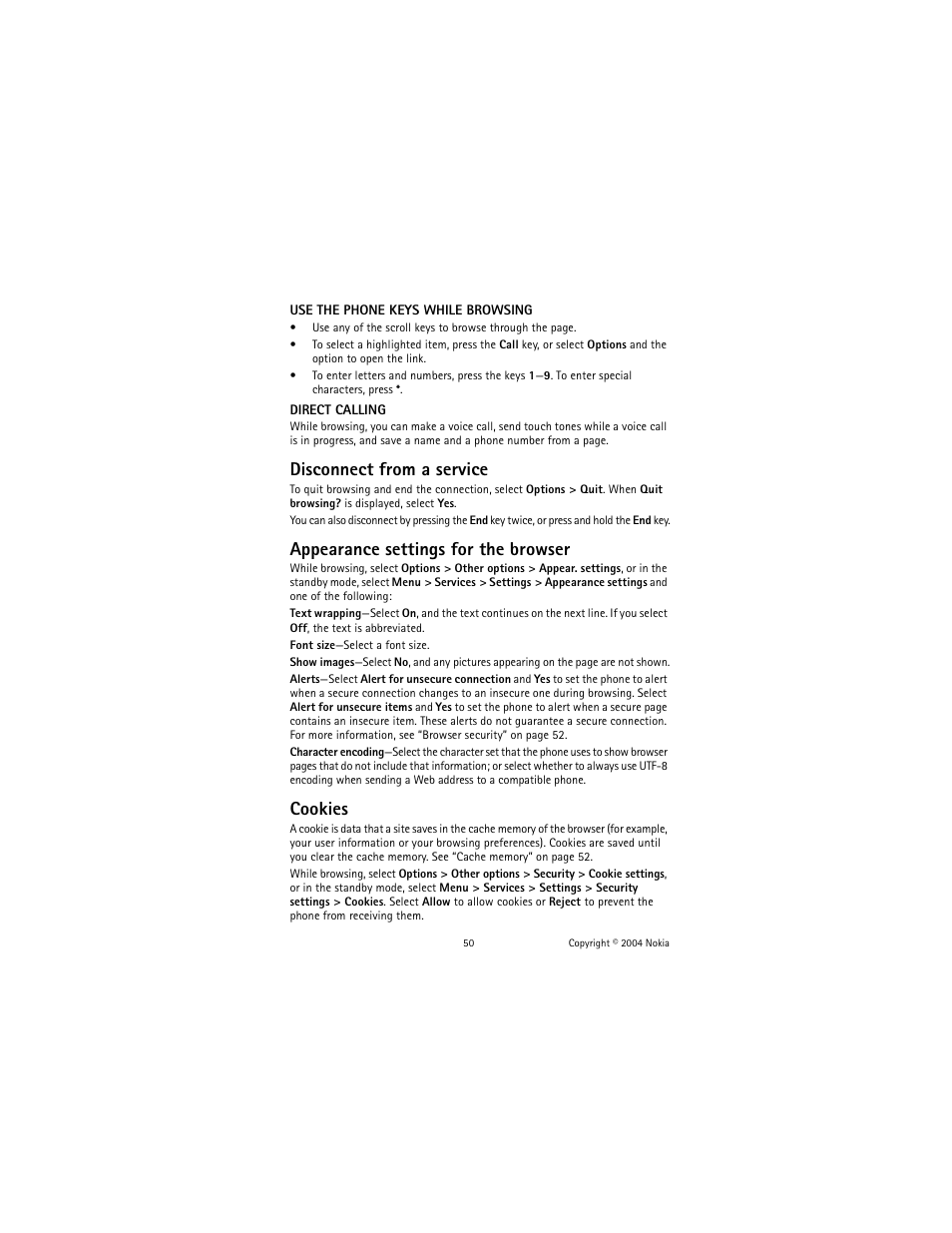 Disconnect from a service, Appearance settings for the browser, Cookies | Nokia 3220 User Manual | Page 57 / 81