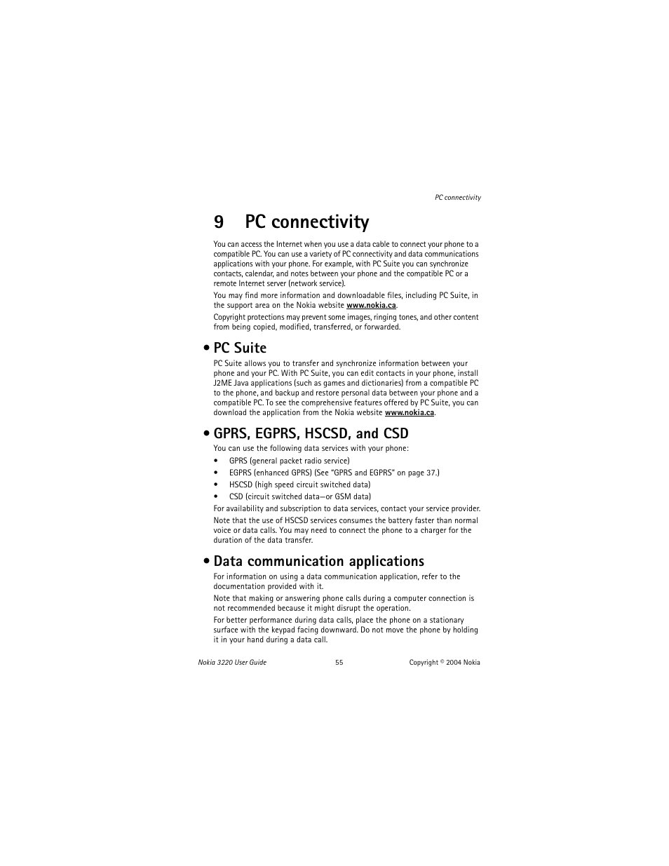 9 pc connectivity, Pc suite, Gprs, egprs, hscsd, and csd | Data communication applications, 9pc connectivity | Nokia 3220 User Manual | Page 62 / 81