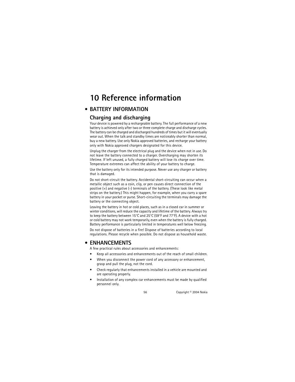 10 reference information, Battery information, Enhancements | Reference information, Battery information enhancements, Battery information charging and discharging | Nokia 3220 User Manual | Page 63 / 81