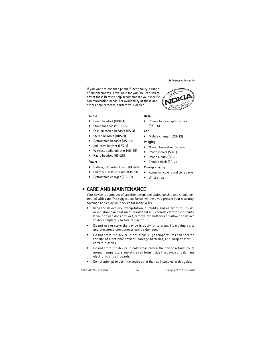 Care and maintenance | Nokia 3220 User Manual | Page 64 / 81