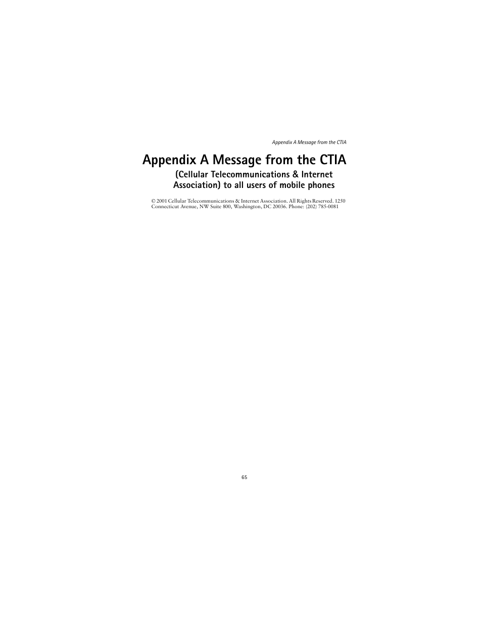 Appendix a message from the ctia, Appendix a | Nokia 3220 User Manual | Page 72 / 81