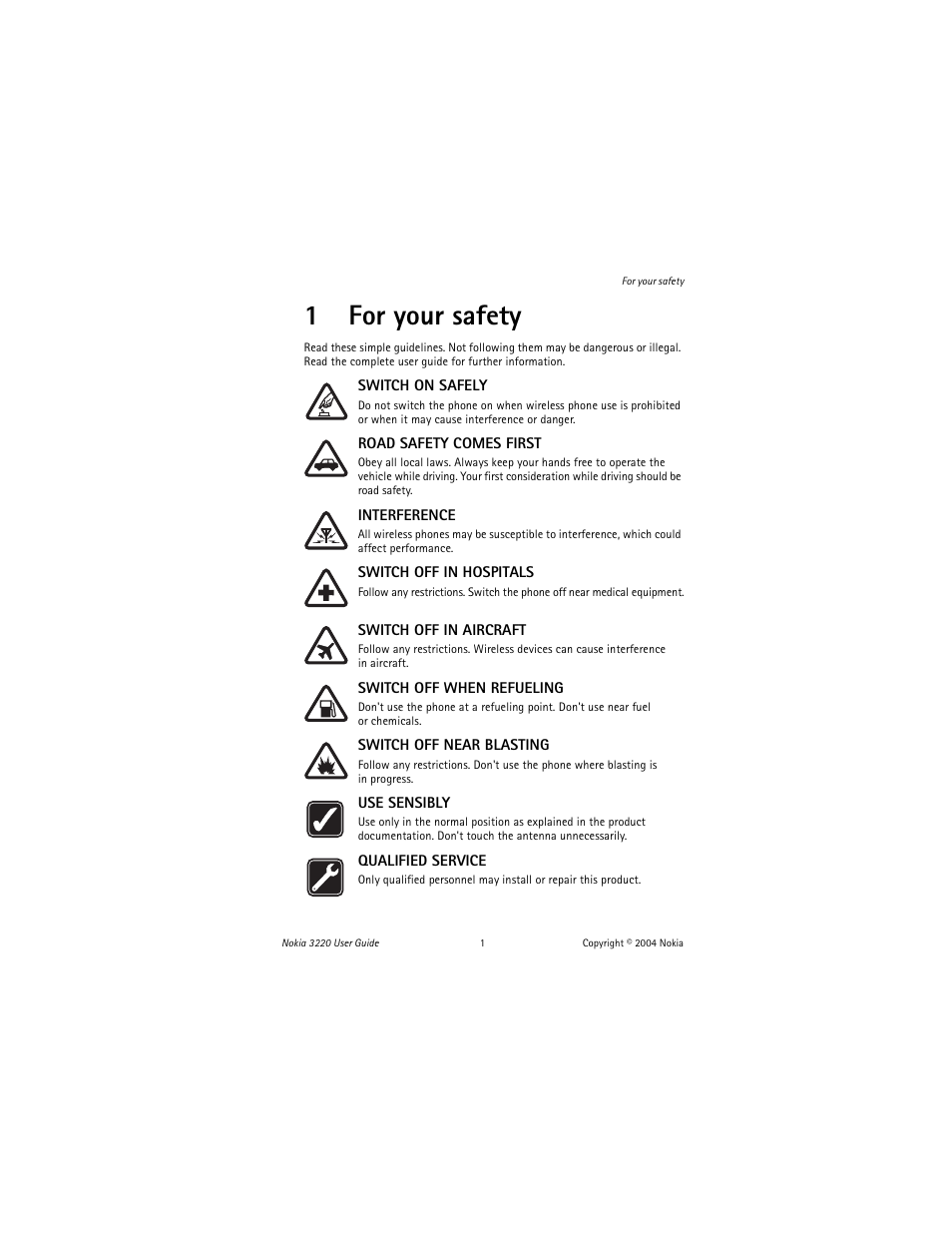 1 for your safety, For your safety, 1for your safety | Nokia 3220 User Manual | Page 8 / 81