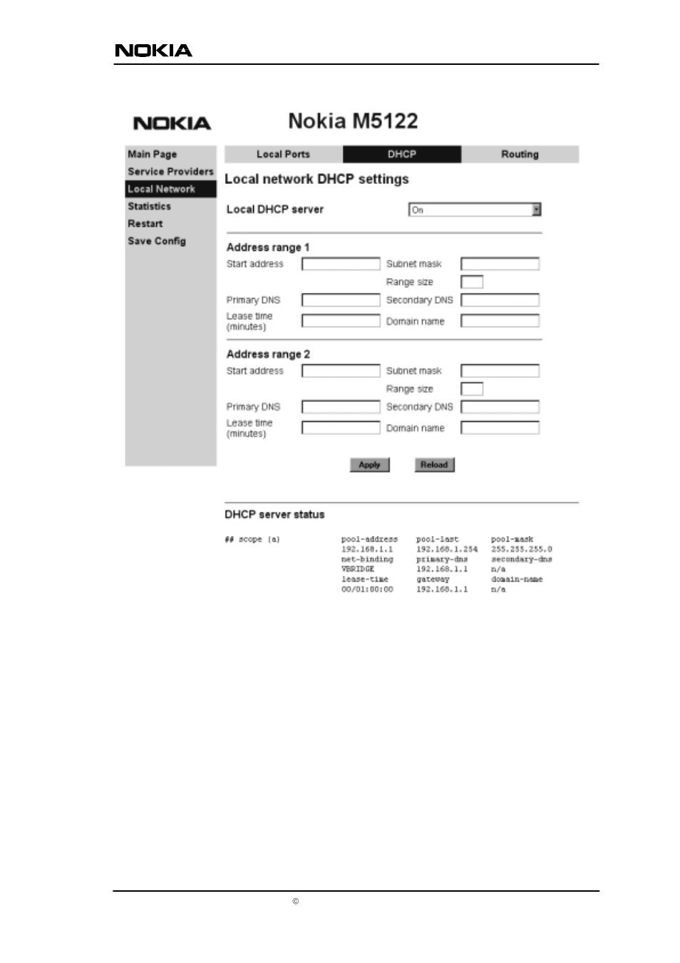 Figure 11 local network dhcp page | Nokia ADSL Bridge T66250 User Manual | Page 16 / 29