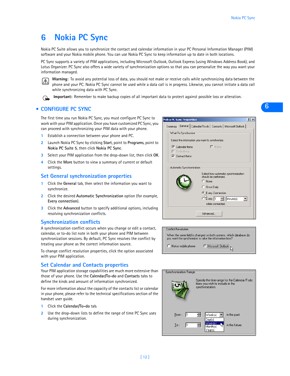 6 nokia pc sync, Configure pc sync, Set general synchronization properties | Synchronization conflicts, Set calendar and contacts properties, Nokia pc sync, 6nokia pc sync | Nokia 3585i User Manual | Page 16 / 40