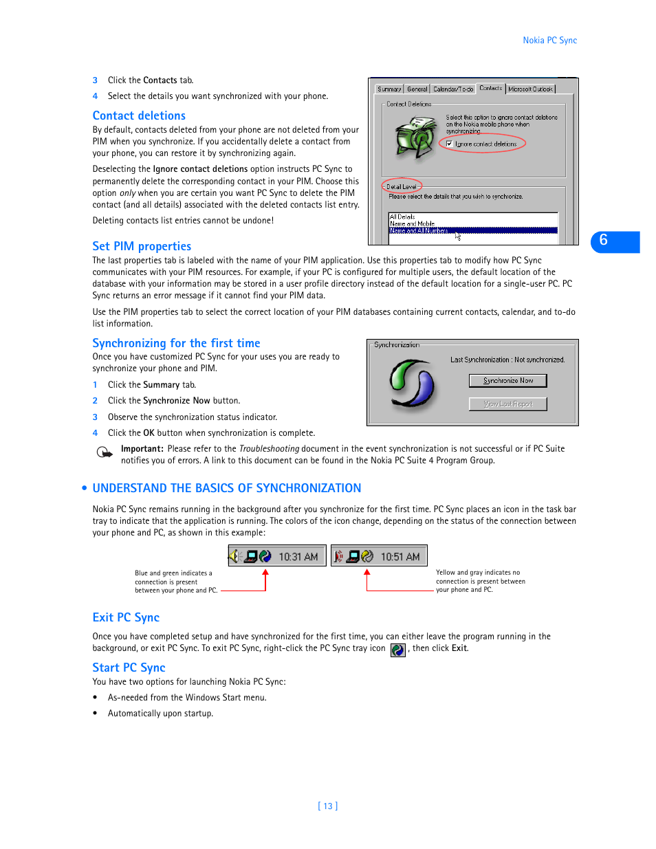 Contact deletions, Set pim properties, Synchronizing for the first time | Understand the basics of synchronization, Start pc sync | Nokia 3585i User Manual | Page 17 / 40