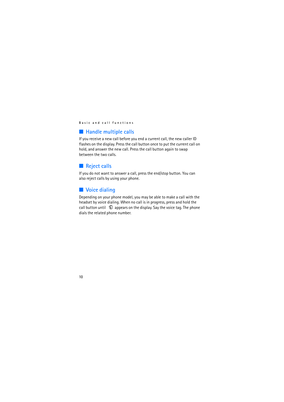 Handle multiple calls, Reject calls, Voice dialing | Nokia HS-69 User Manual | Page 10 / 13