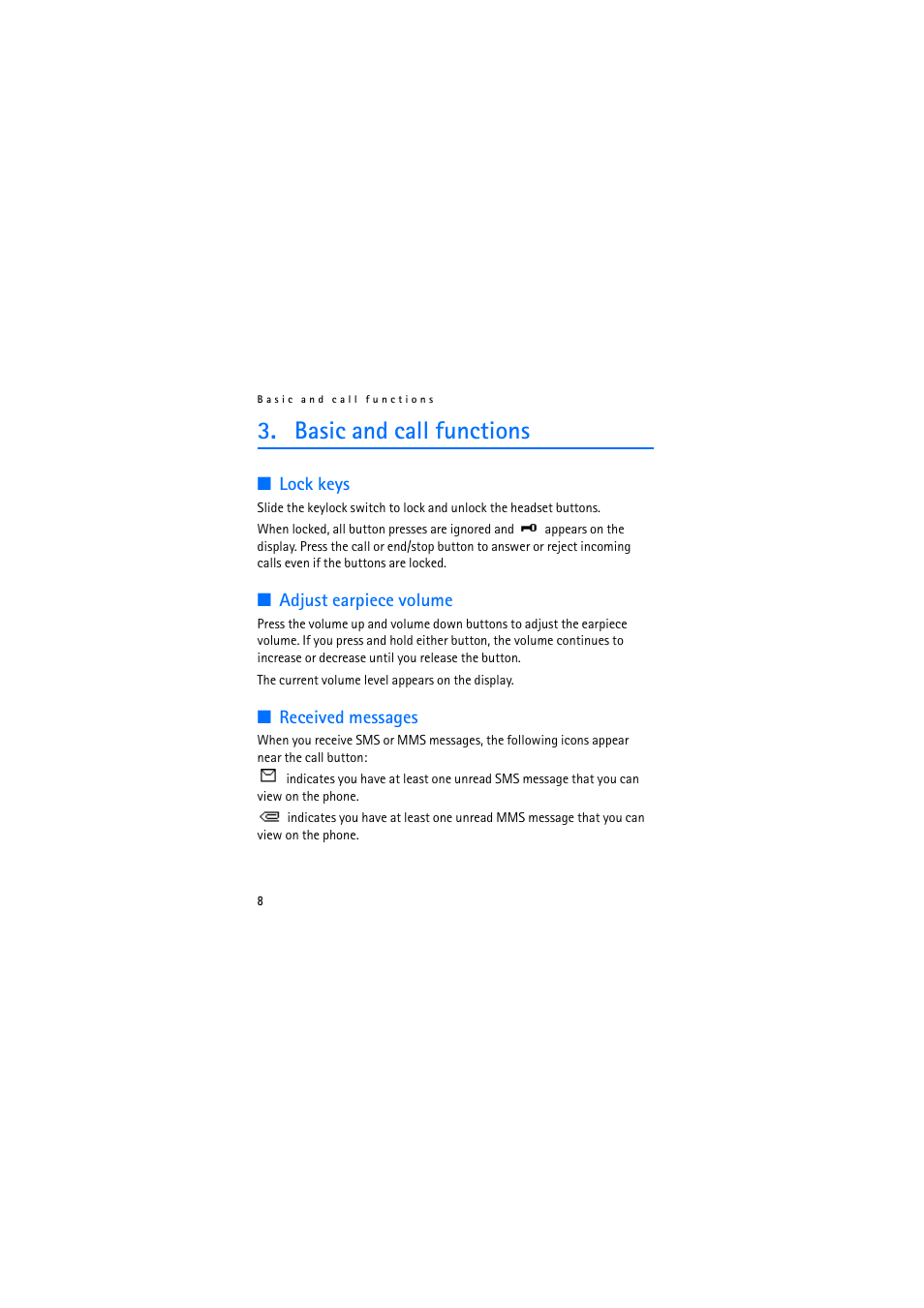 Basic and call functions, Lock keys, Adjust earpiece volume | Received messages | Nokia HS-69 User Manual | Page 8 / 13