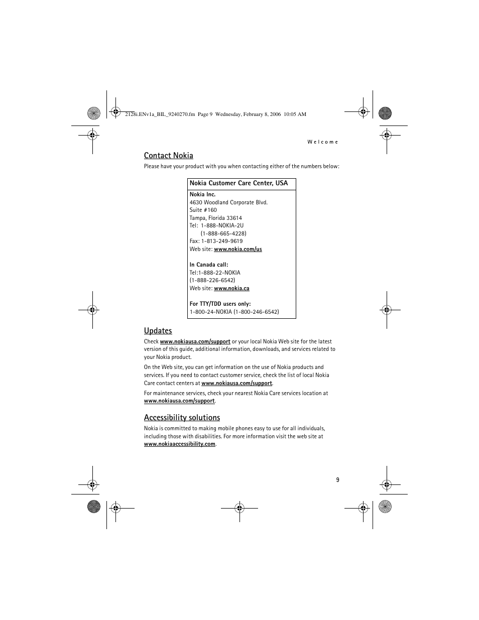 Contact nokia, Updates, Accessibility solutions | Nokia 2128i User Manual | Page 10 / 81