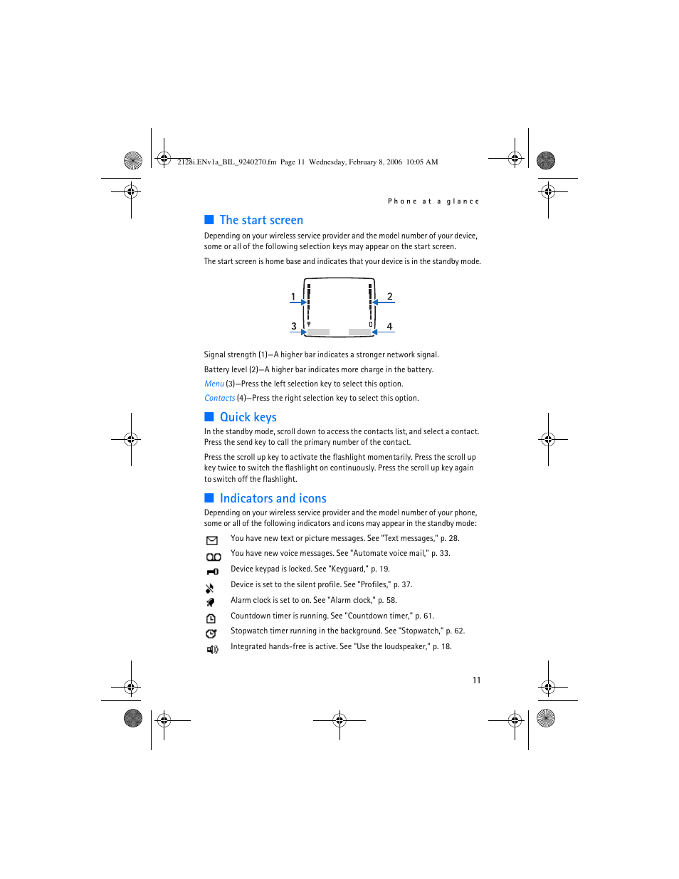 The start screen, Quick keys, Indicators and icons | Nokia 2128i User Manual | Page 12 / 81